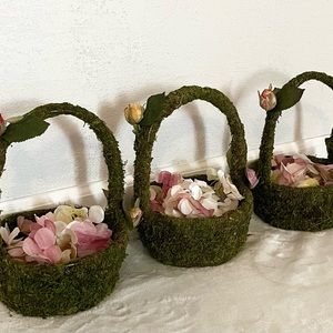 3 moss covered flower girl baskets
